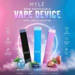 MYLE New Disposable Vape Device ad featuring sleek black, blue, and pink vapes with flavor cues, highlighting smooth puffs and leak resistance on a vibrant background.