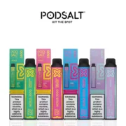 PODSALT Nexus 3500 Puffs Disposable Vape in various colors on a white background. Available in Sour Blue Raspberry, Peach Mango, Pink Citrus Lemonade, Blackcurrant Apple Grape, Blue & Black Raspberry, Blueberry Peach Candy, and Blackcurrant Raspberry Lemonade flavors. Order from Vape King Dubai website