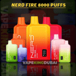 Nerd Fire 8000 Puffs” showcases a vibrant array of disposable vape devices in various colors, prominently displayed against a dark, reflective background.