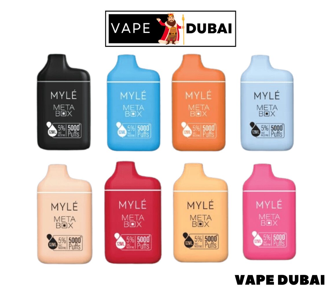 The image is about Myle Meta Box 5000 Puffs disposable vape with 8 colours and flavors which is available in Vape King Dubai