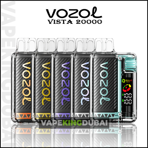 Vozol Vista 20000 Puffs Disposable Vape Devices In A Row With Various Flavors Displayed