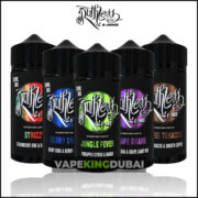 Ruthless E-Juice 100ml bottles featuring a variety of flavors including Strizzy, Berry Drank, Jungle Fever, Grape Drank, and Rise To Tobacco, displayed with VapingKingDubai branding