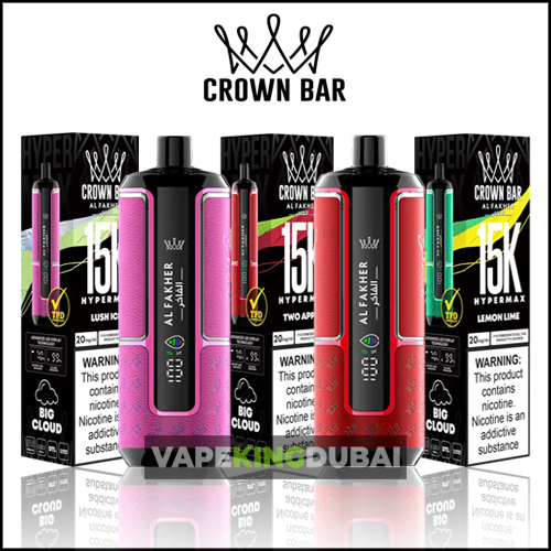 Al Fakher 15000 Puffs Hypermax Crown Bar Disposable Vapes In Lush Ice, Two Apple, And Lemon Lime Flavors With A Sleek Design And Rechargeable Battery