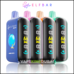 A lineup of Elfbar Raya D3 25000 puffs disposable vapes in multiple colors, showcasing the sleek design with a digital puff counter and flame icon on the display