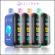 A lineup of Elfbar Raya D3 25000 puffs disposable vapes in multiple colors, showcasing the sleek design with a digital puff counter and flame icon on the display