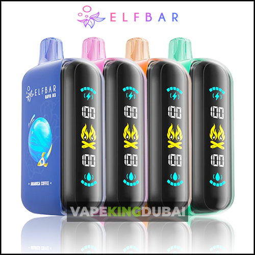 A Lineup Of Elfbar Raya D3 25000 Puffs Disposable Vapes In Multiple Colors, Showcasing The Sleek Design With A Digital Puff Counter And Flame Icon On The Display