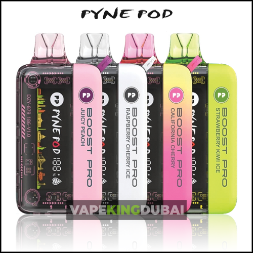 PYNE Pod Boost Pro 20000 vape devices in assorted flavors including Juicy Peach, Raspberry Cherry Ice, California Cherry, and Strawberry Kiwi Ice