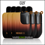 A group of five Pod Salt Nexus 12000 disposable vapes in a gradient black and brown design, displayed with "Vape King Dubai" branding overlay