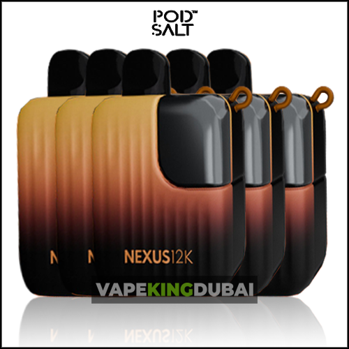 A Group Of Five Pod Salt Nexus 12000 Disposable Vapes In A Gradient Black And Brown Design, Displayed With &Quot;Vape King Dubai&Quot; Branding Overlay