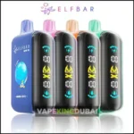 A collection of Elf Bar Raya D3 25000 Puffs Disposable Vapes in different colors, showcasing the digital display and vibrant designs, available for purchase at Vape King Dubai.