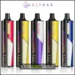 Five colorful Elfbar E-Shisha Luxe 30000 disposable vapes displayed in a row, featuring digital battery displays and leather-textured finishes in red, yellow, purple, and blue.finishes in red, yellow, purple, and blue.