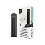 GENUINE MYLÉ Mini Lemon Mint – Pack of 2 disposable nicotine salt pods, 5% nicotine, 320 puffs per pod, black device, lemon & mint flavor.