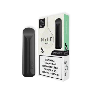 GENUINE MYLÉ Mini Lemon Mint – Pack of 2 disposable nicotine salt pods, 5% nicotine, 320 puffs per pod, black device, lemon & mint flavor.