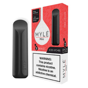 MYLÉ Mini Iced Lychee – Pack of 2 disposable nicotine salt pods, 5% nicotine, 320 puffs per pod, black device, sweet lychee & icy flavor.