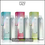 Pod Salt Pearl Bar 6000 Puff disposable vape devices with retail boxes in Fresh Menthol, Fizzy Cherry, and green flavor variants, displayed with Vape King Dubai branding