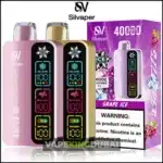 Silvaper Ice Control 40000 disposable vape featuring a sleek design, digital display, 30ml e-liquid capacity, rechargeable battery, and grape ice flavor packaging.