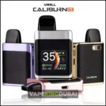 Uwell Caliburn G3 Pro pod system with vibrant color options (purple, silver, black carbon fiber, rose gold) and HD display showing 35W output — VapeKingDubai