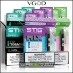 VGOD STIG Disposable Pod Device colorful disposable vape pods with 6% nicotine salt, smooth throat hit, multiple flavors like Blue Razz and Dry Tobacco, compact and easy to use.