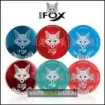 White Fox Nicotine e-liquid pods in 6 vibrant colors — red, blue, teal, burgundy, purple, and silver — featuring geometric fox design. VapeKingDubai