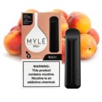 MYLÉ Mini Peach – Pack of 2 disposable nicotine salt pods, 5% nicotine, 320 puffs per pod, black device, sweet juicy peach flavor.