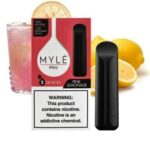 MYLÉ Mini Pink Lemonade – Pack of 2 disposable nicotine salt pods, 5% nicotine, 320 puffs per pod, pink device, tangy lemon & sweet menthol flavor.