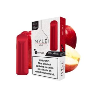 MYLÉ Mini Red Apple – Pack of 2 disposable nicotine salt pods, 5% nicotine, 320 puffs per pod, red device, sweet red apple with icy menthol flavor.