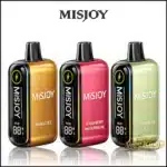 MISJOY Beta 50000 Puffs disposable vape device featuring smart curved display, triple mesh coil system, USB-C rechargeable battery, and flavor modes for Eco and Boost vaping.
