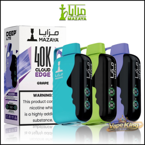 Mazaya Deep Lite 40000 Cloud Edge Grape disposable vape shown in turquoise, green, and purple devices beside its retail box.