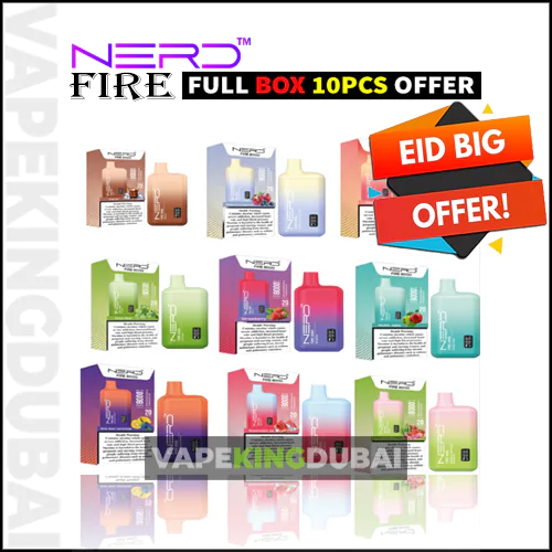 Nerd Fire 8000 Puffs Full Box 10Pcs Offer With Various Flavors, Displayed With Eid Big Offer Promotion, Available At Vapekingdubai.