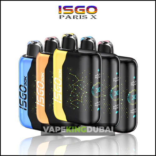 A Collection Of Isgo Bar Paris X 30000 Puffs 50Mg Disposable Vape Devices In Various Colors, Including Blue, Teal, Yellow, Pink, And Black, Displayed In A Row.