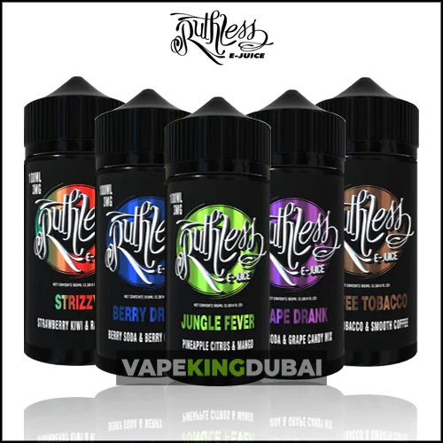 Ruthless E-Juice 100Ml Bottles Featuring A Variety Of Flavors Including Strizzy, Berry Drank, Jungle Fever, Grape Drank, And Rise To Tobacco, Displayed With Vapingkingdubai Branding